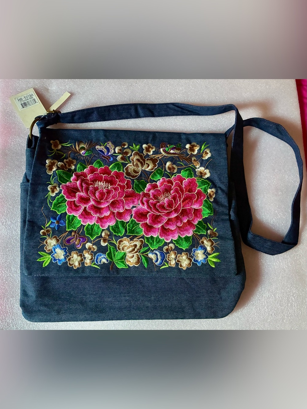 Embroidered Floral Crossbody Bag - Pink on Navy DENIM FABIC